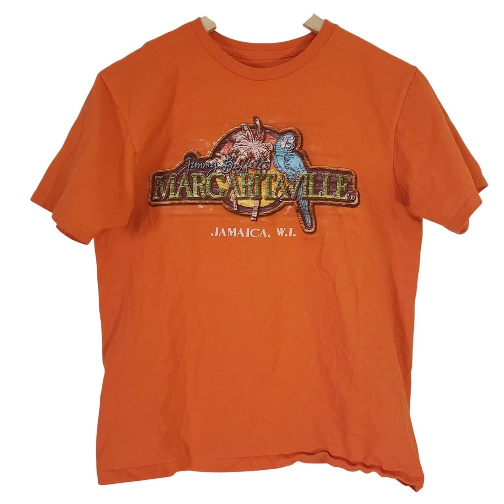 Margaritaville Graphic T‎ Shirt Mens Medium Orange Jamaica WI Tropical Parrot